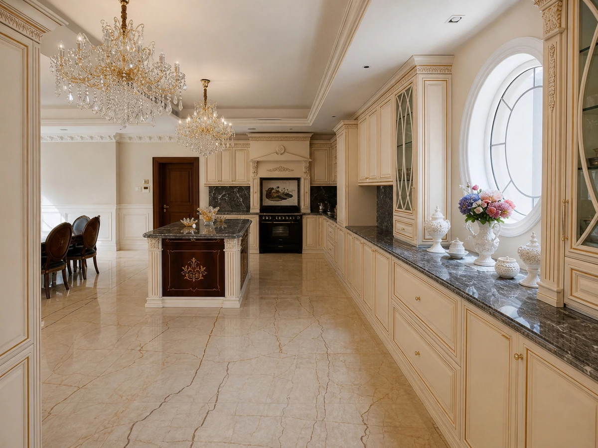 Classic cream kitchen cabinet overview in the Shenzhen villa