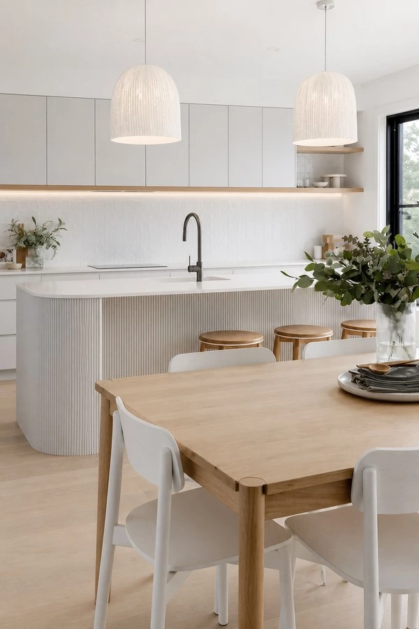 Curved Corner Kitchen Cabinets with a Fluted Island