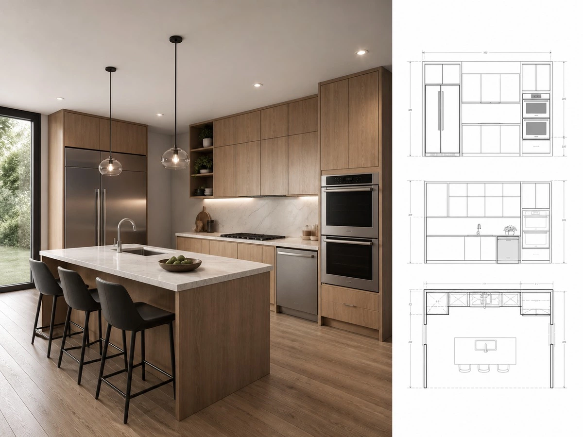Custom kitchen cabinet appliance integration and clearance planning