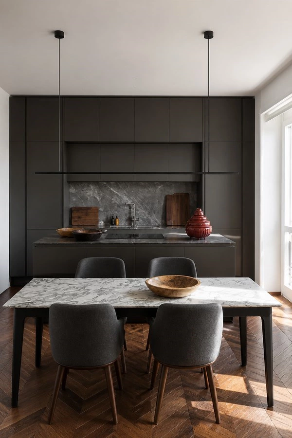 Dark Grey Lacquer Kitchen Cabinets with Quartz Backsplash
