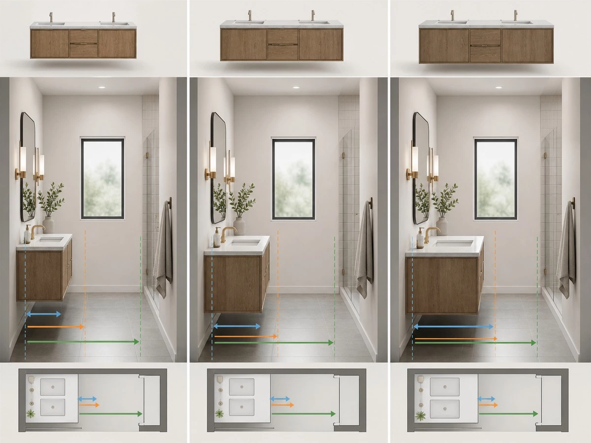 Double vanity depth comparison for shallow standard and deep bathroom cabinet layouts