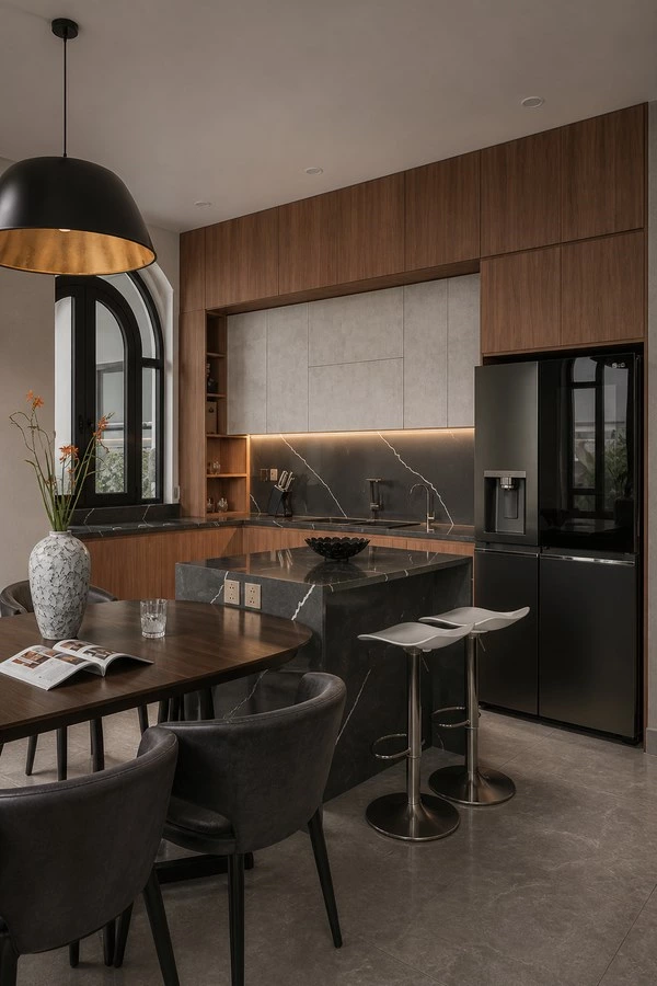 Double Wall Kitchen Cabinets with a Compact Island