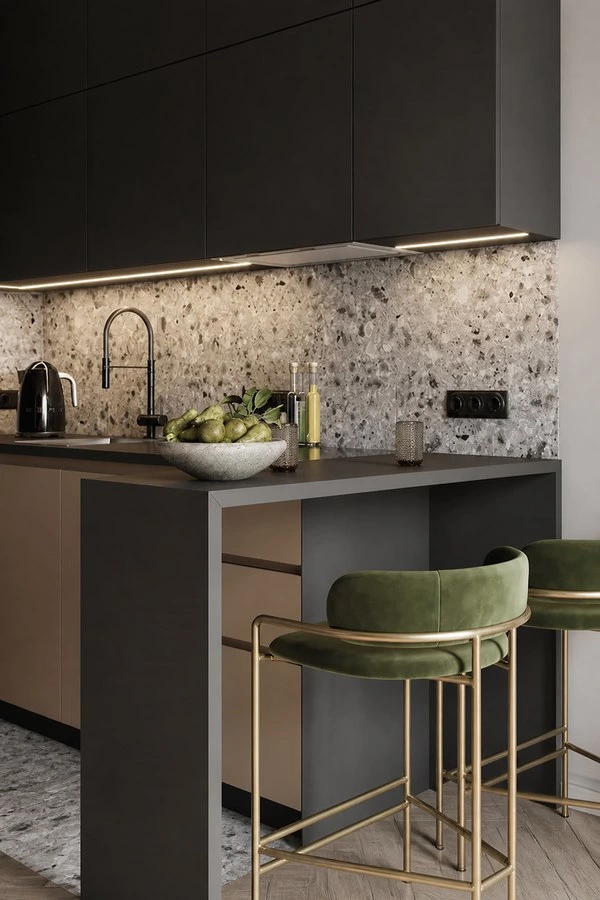Earth Tone Kitchen Cabinets with a Quartz Breakfast Bar