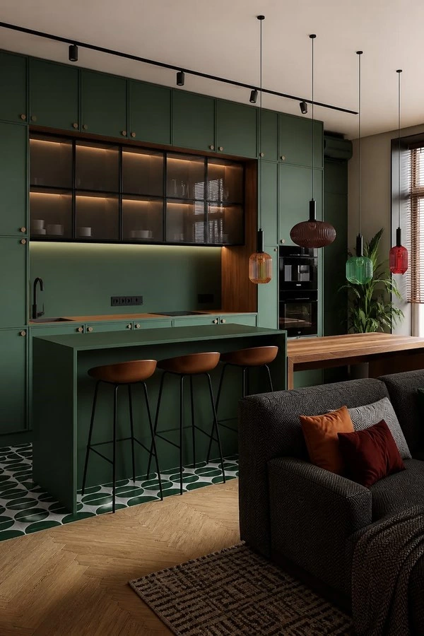 Emerald Green Kitchen Cabinets with Glass Storage