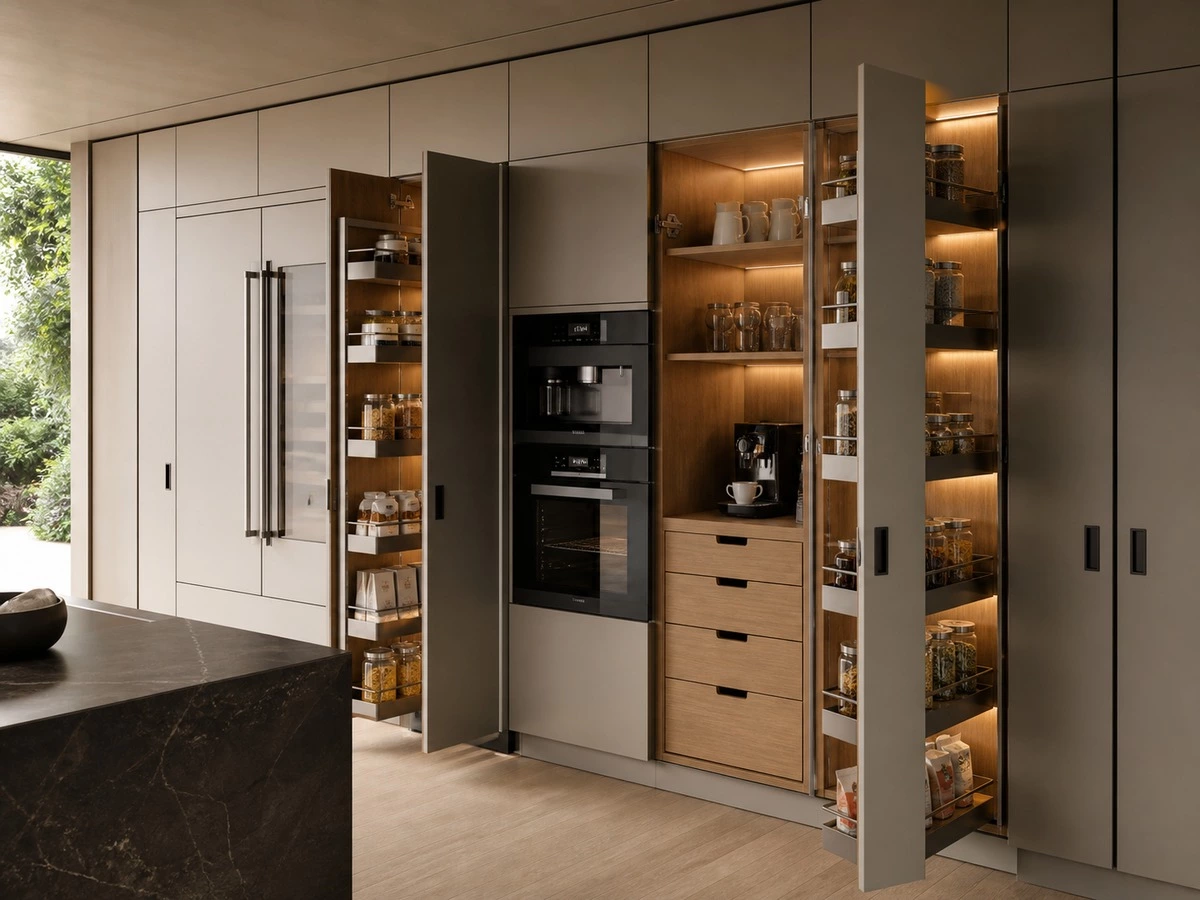 European kitchen tall cabinets with pantry pull-outs and integrated appliances