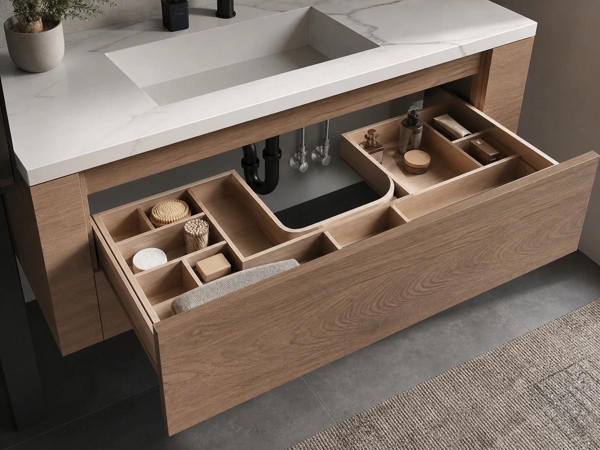 Floating vanity drawer plumbing clearance with U shaped drawer around drain trap