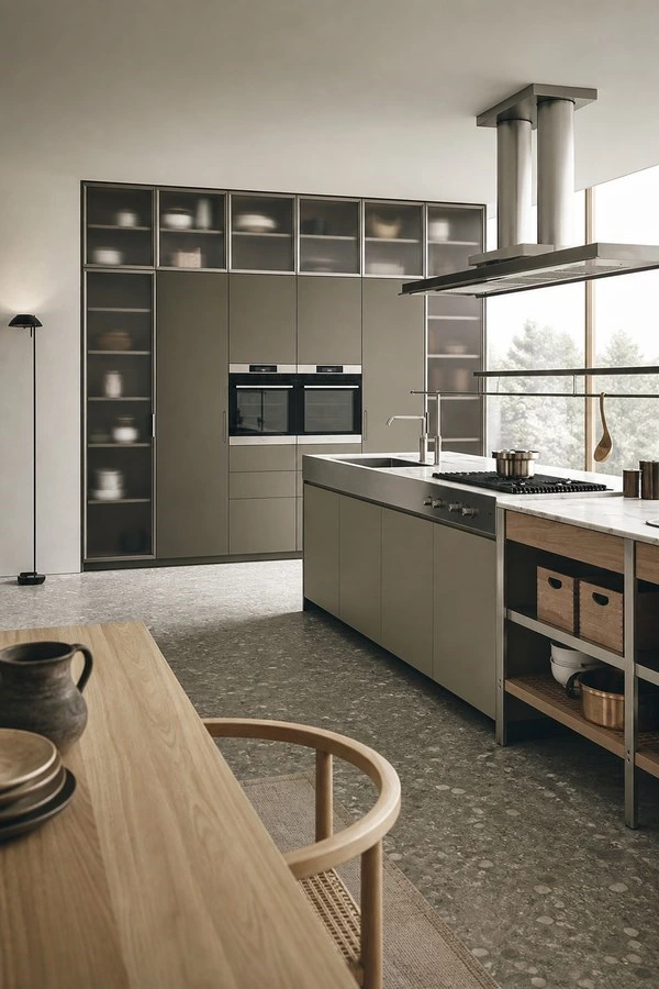 Glass and Steel Kitchen Cabinets with a Multifunctional Island