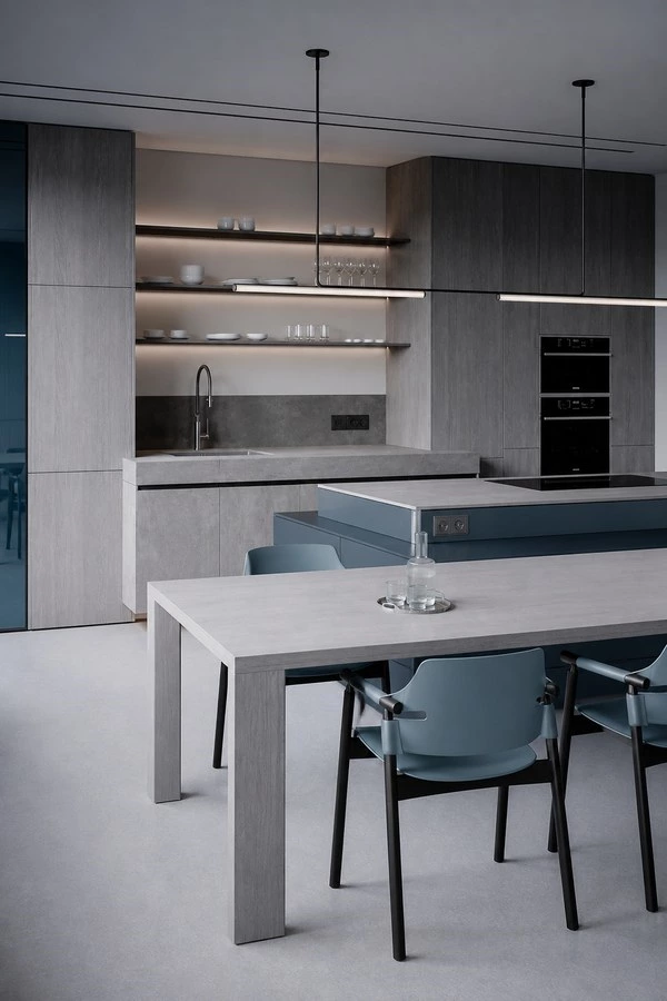 Grey and Blue Kitchen Cabinets with Dining Island