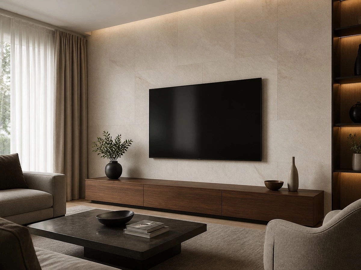 Low TV cabinet and feature wall layout for a compact modern living room
