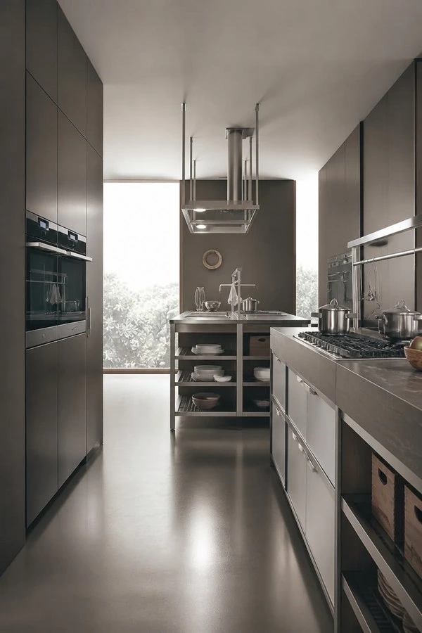 Metal Frame Kitchen Cabinets with a Corridor Layout