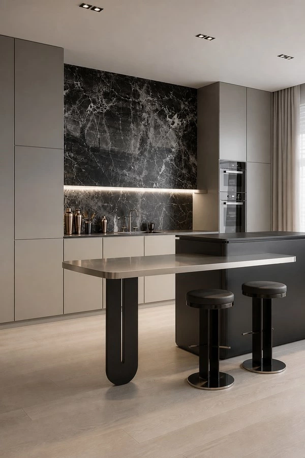 Metallic Counter Kitchen Cabinets with Black Marble