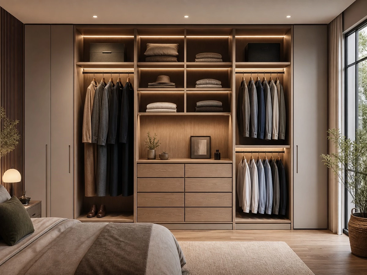 Wardrobe layout combining long hang and short hang storage sections