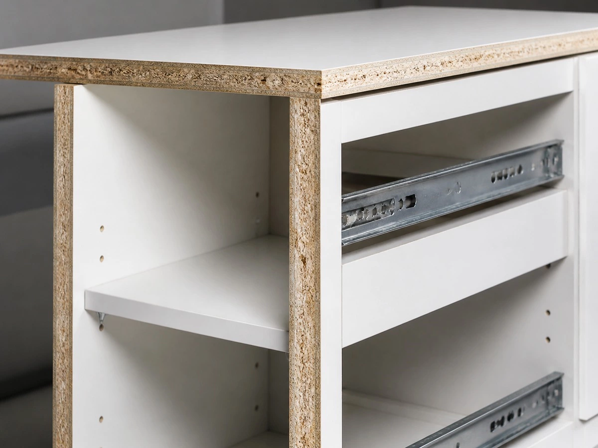 Moisture resistant particle board kitchen cabinet with edge banding and drawer hardware