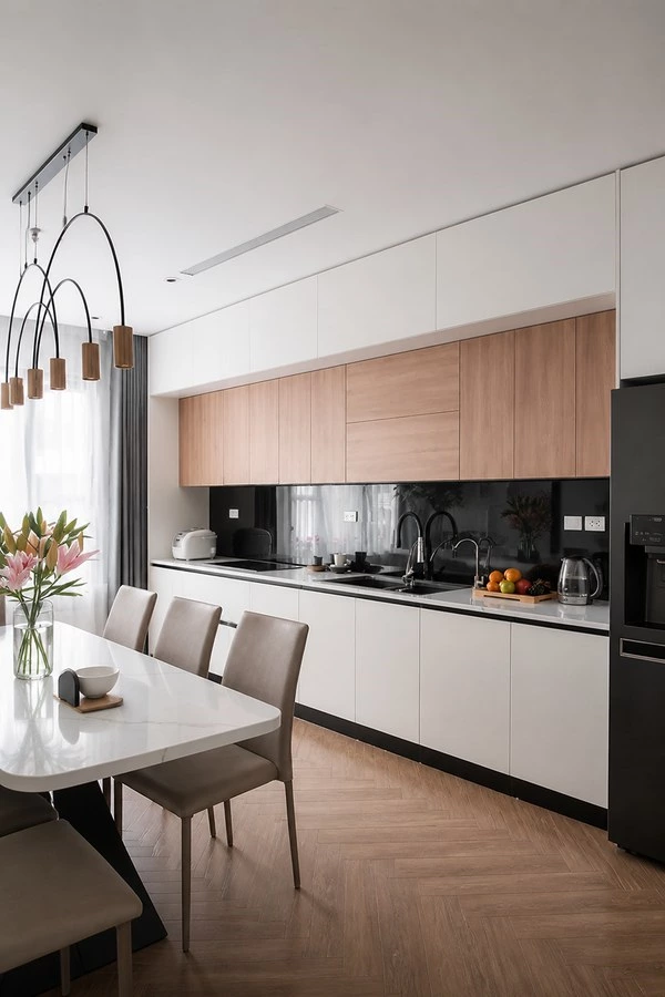 PET Melamine Kitchen Cabinets in White and Wood Grain