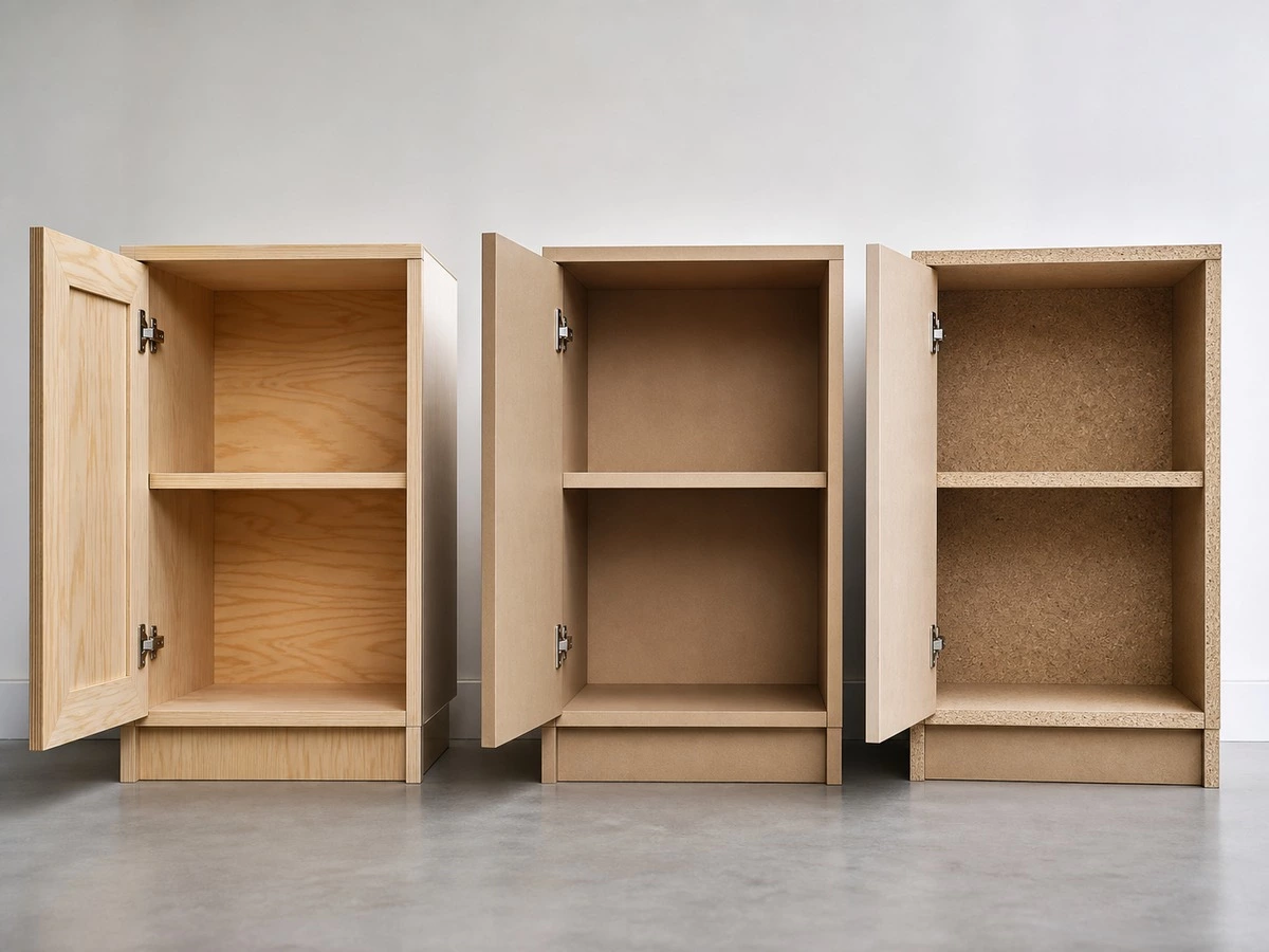 Plywood MDF and particle board kitchen cabinet carcass comparison