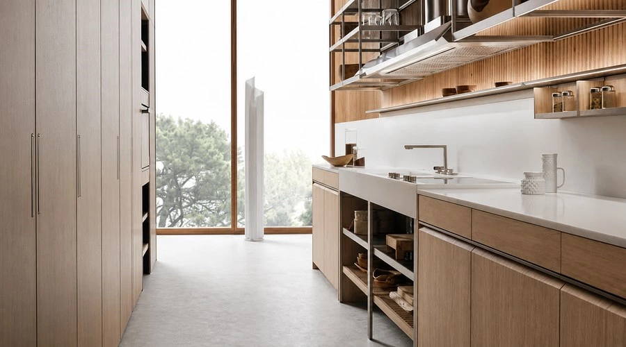 Wood Lattice Kitchen Cabinets for a Streamlined Galley Layout