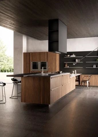 Wood Storage Kitchen with an Island Dining Table
