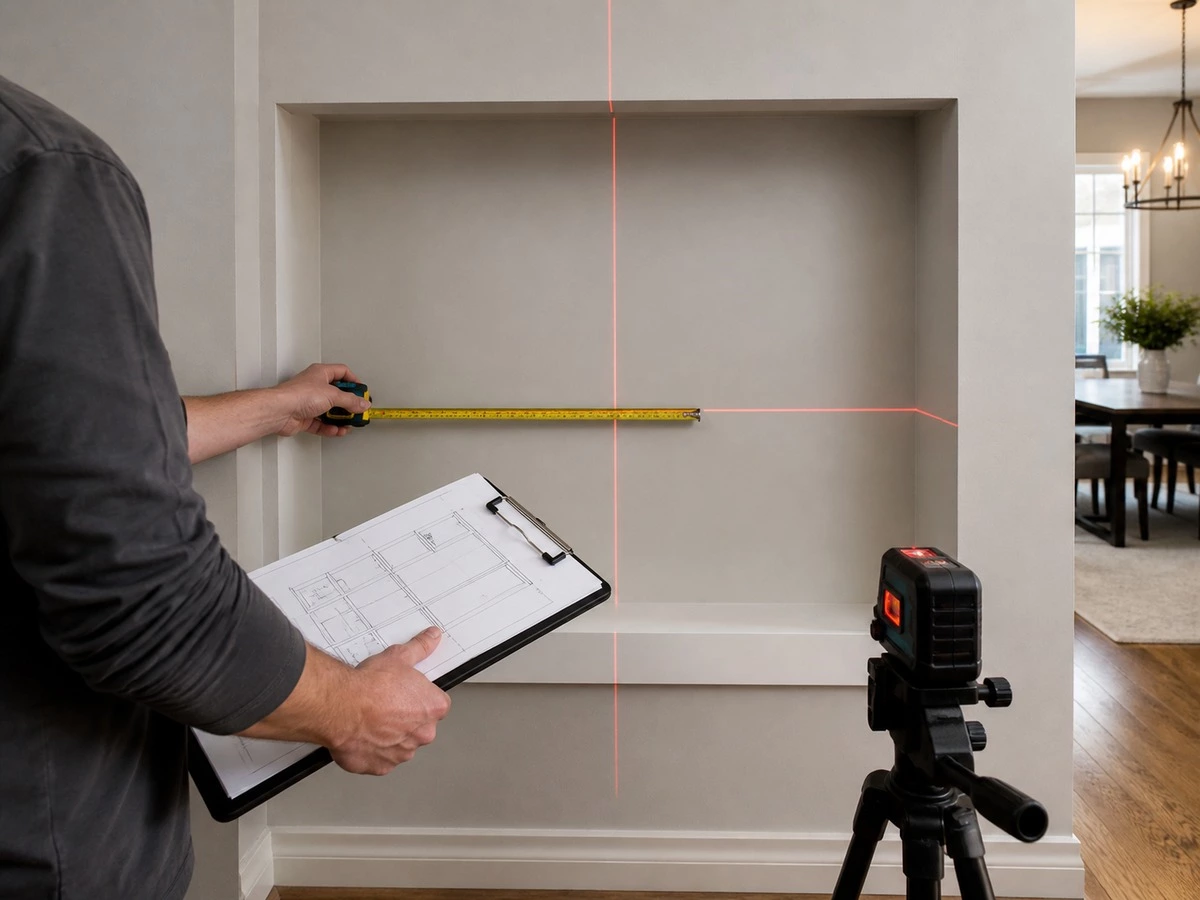 Built in bookcase alcove measurement check before custom cabinet production
