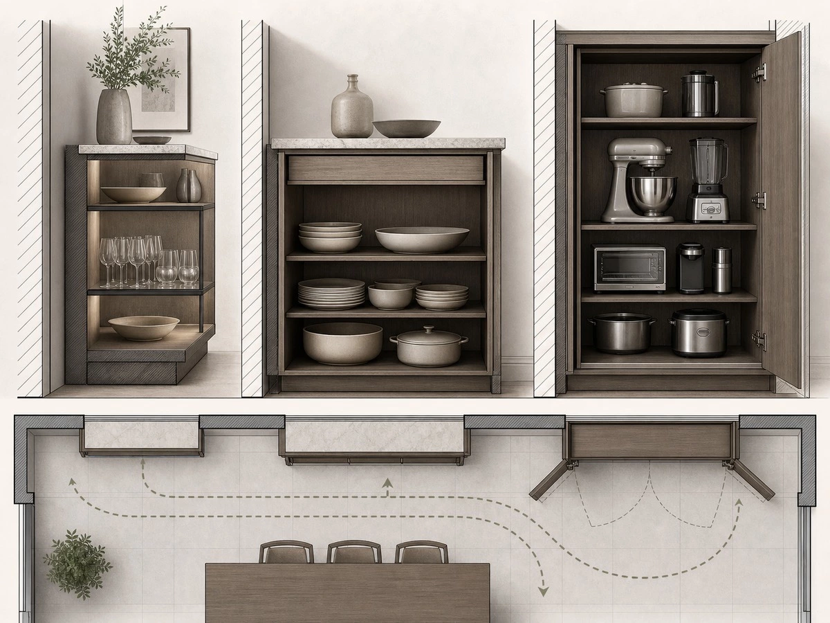 Built in sideboard cabinet depth comparison for display buffet and appliance storage