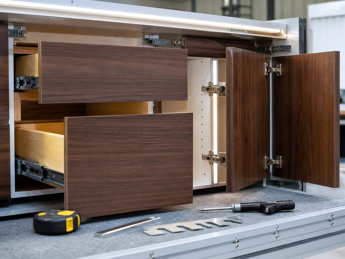 Cabinetry quality control and pre assembly review with door gap inspection hardware test and finish comparison