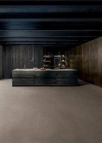 Dark Wood Appliance Cabinets with Stone Accents