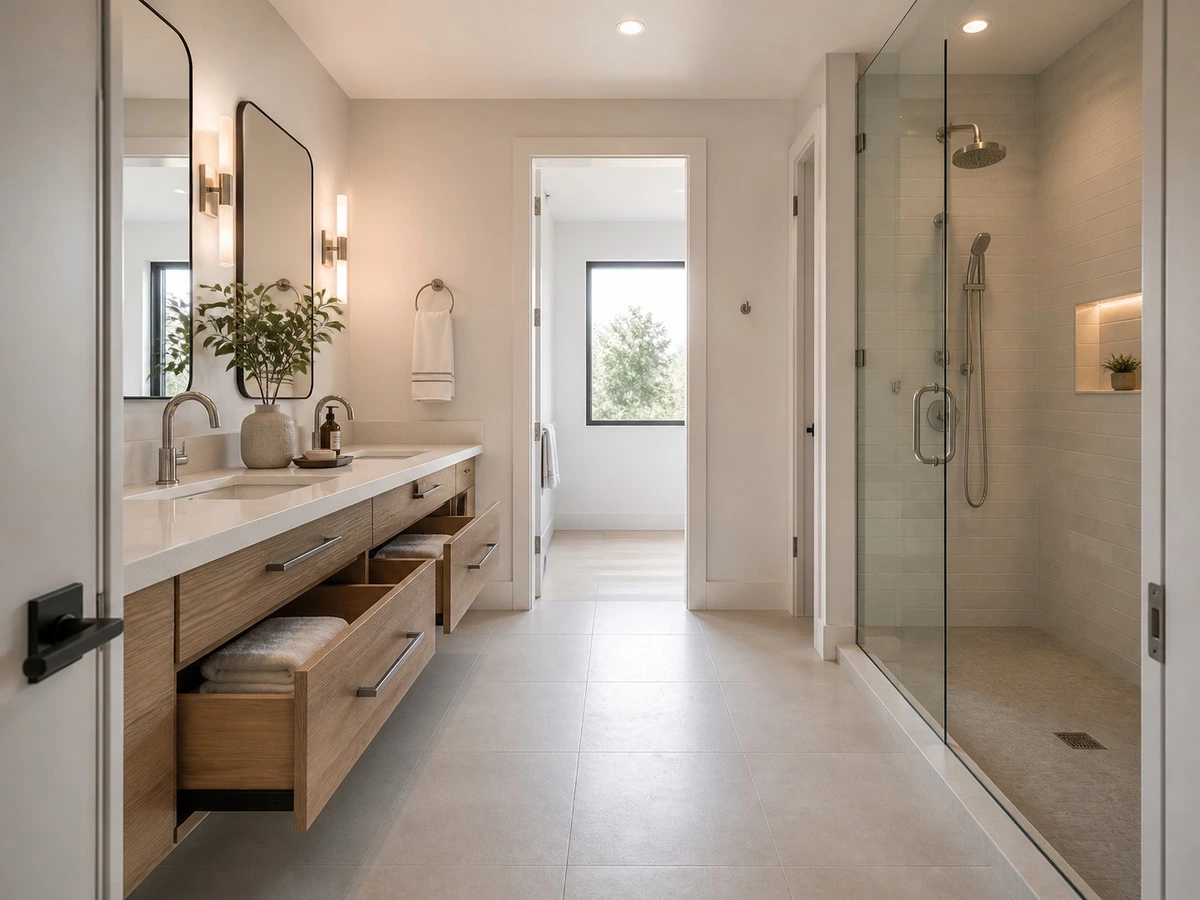 Front clearance planning for double vanity with open drawers and bathroom walkway