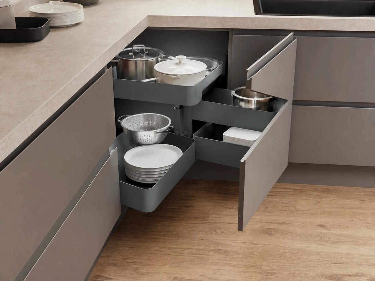 European kitchen cabinet corner storage solutions and pull out access