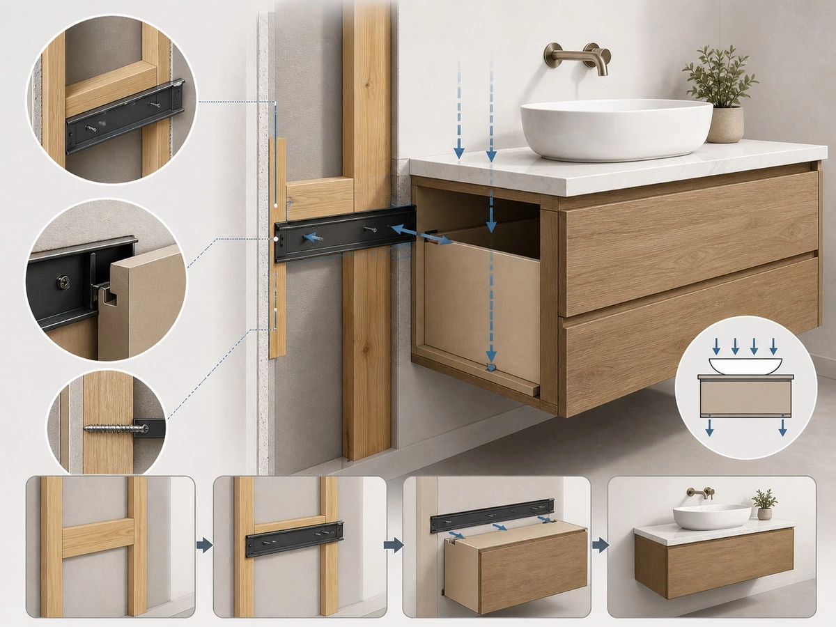 Floating bathroom vanity wall support hidden fixing rail and cabinet load path
