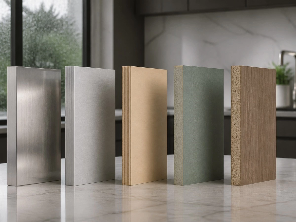 Humid climate kitchen cabinet material comparison including wood based boards and metal