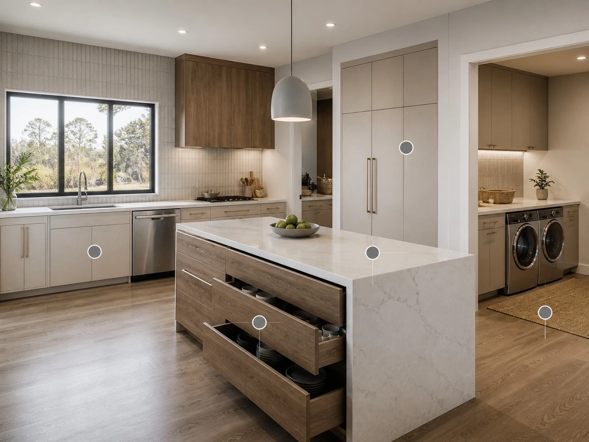 Kitchen carcass material selection for sink dishwasher pantry island and laundry zones