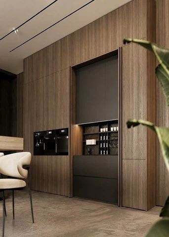 Pocket Door Kitchen Cabinets with Wood and Stone Surfaces