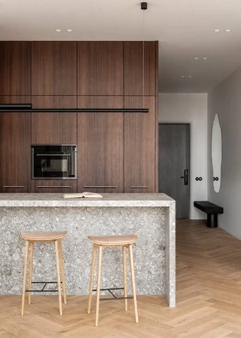 Small Eat-In Kitchen with Wood and Stone Details