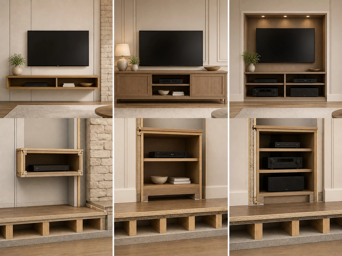 TV wall cabinet depth comparison for media storage and equipment niches