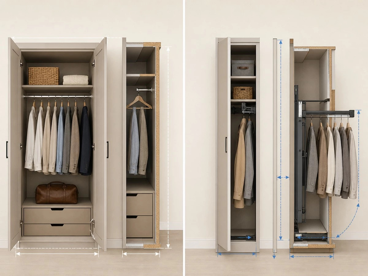 Wardrobe depth comparison for front facing hangers and shallow storage