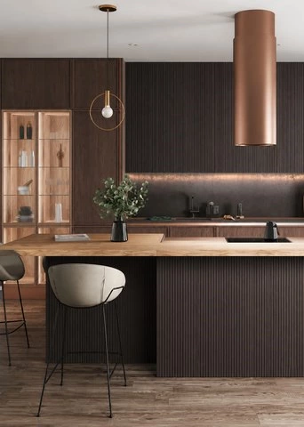 Wood Grain Glass Cabinets with a Warm Open Island