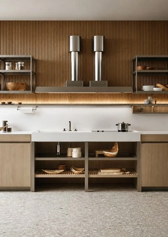 Wood Lattice Kitchen Cabinets for a Streamlined Galley Layout