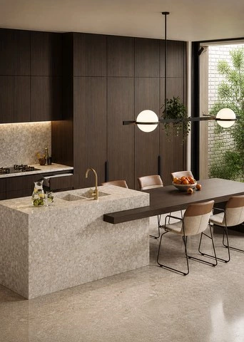 Brown Veneer Kitchen with a Quartz Island