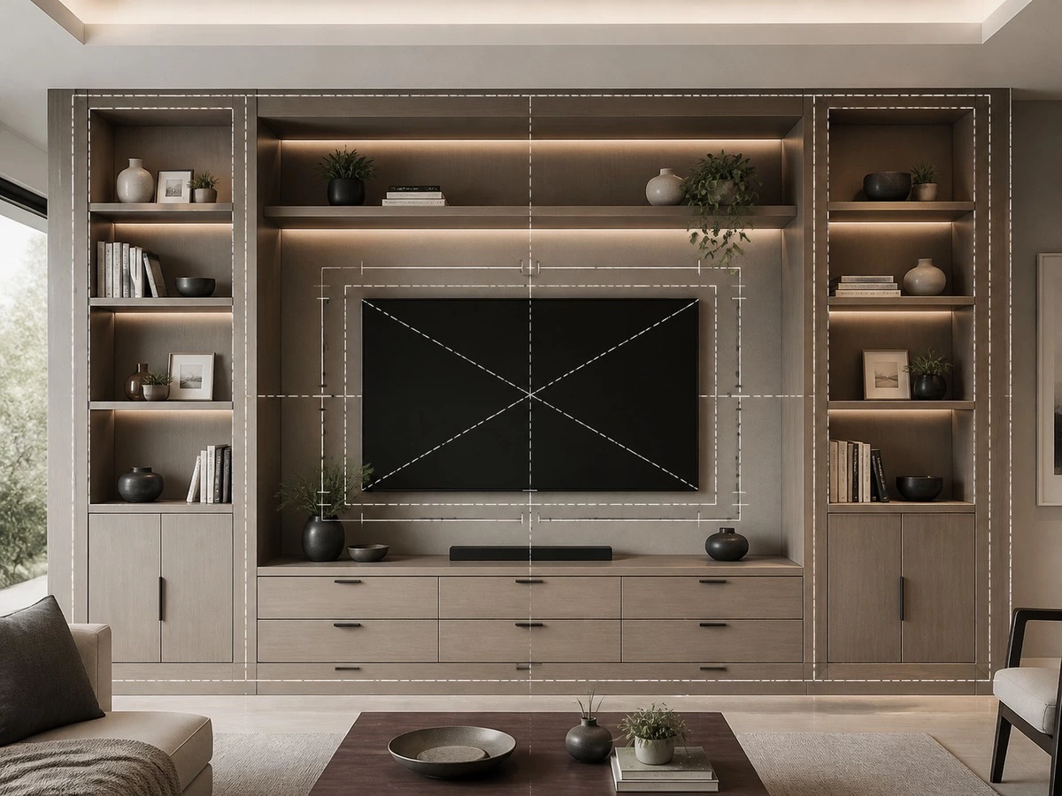 Built in bookcase TV wall dimensions with screen shelves and lower storage