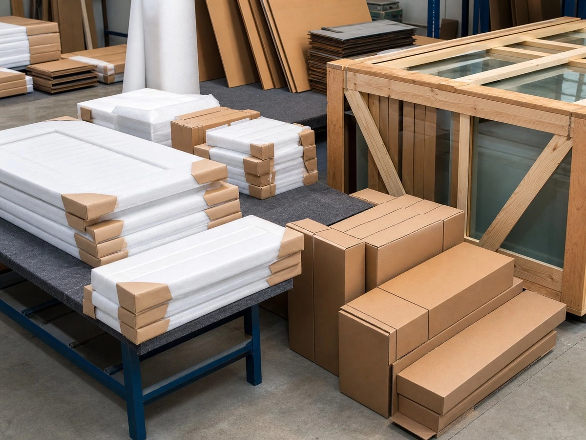 Cabinetry export packing plan with foam corner guards protected glass panels hardware cartons and cabinet doors