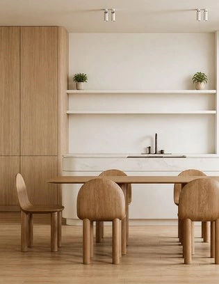 Two-Tier Kitchen Island with Warm Wood Cabinets