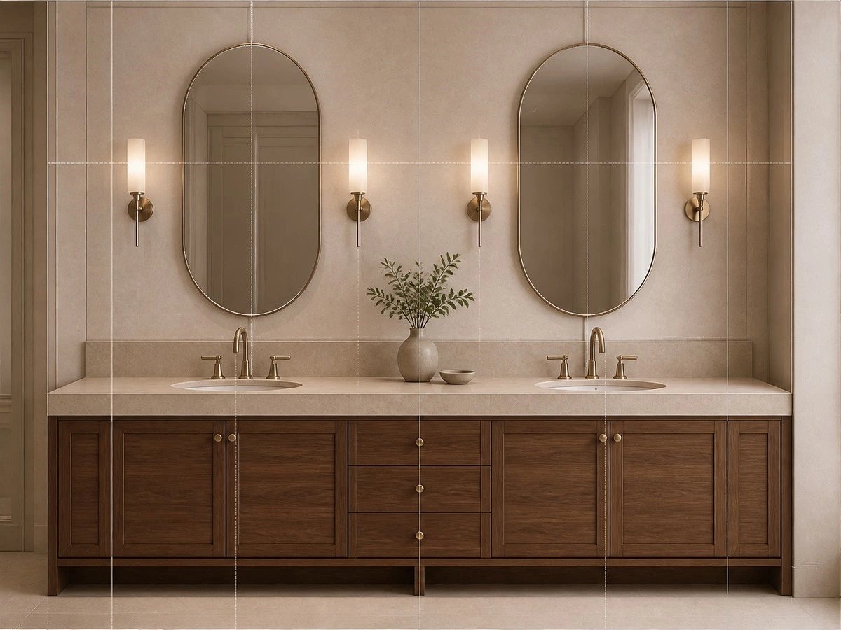 Double vanity basin faucet mirror and lighting coordination drawing