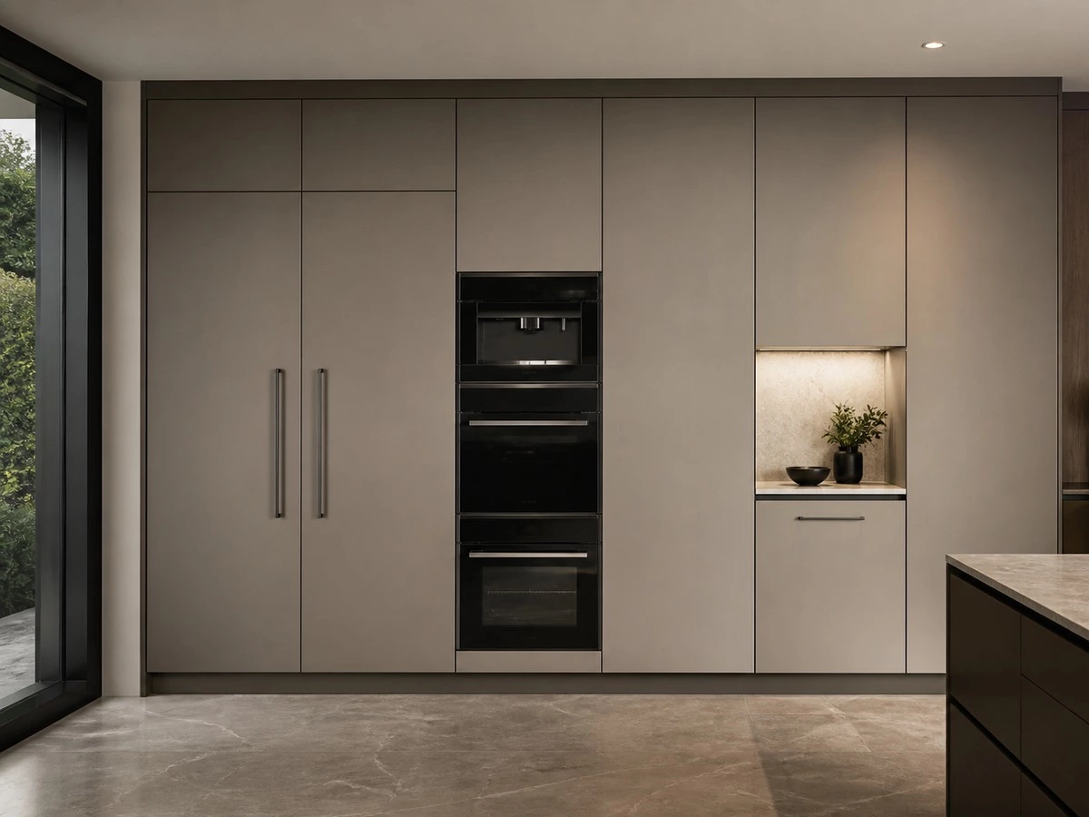 European style kitchen cabinet appliance wall with integrated refrigerator oven and dishwasher
