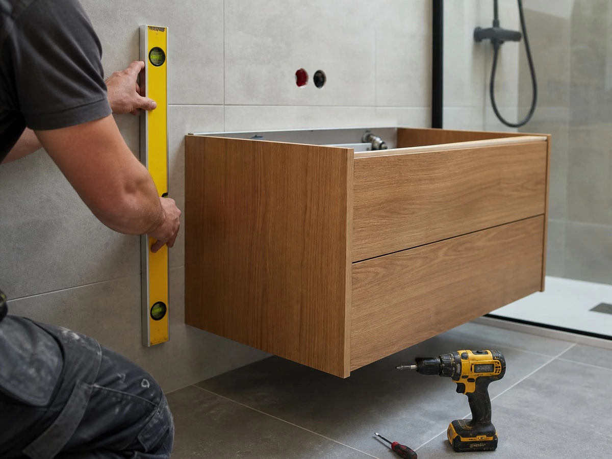 Floating bathroom vanity installation level and wall plumbness check