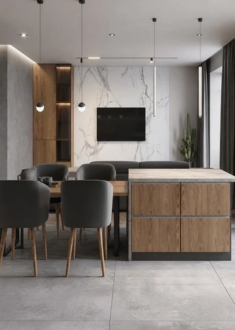 Matte Grey Cabinets with Wood Grain Flat Panels