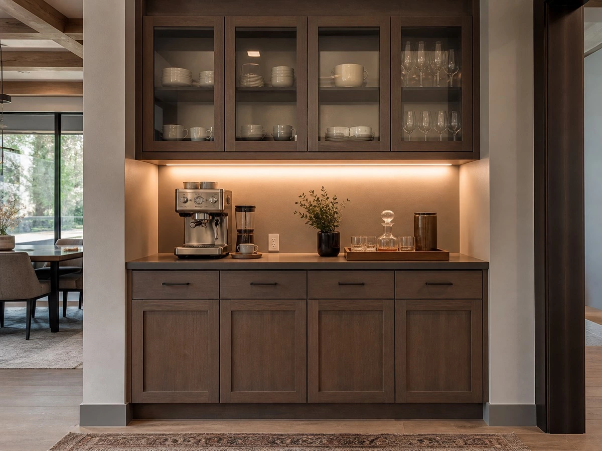 Built in sideboard counter height with coffee appliance serving zone and upper cabinets