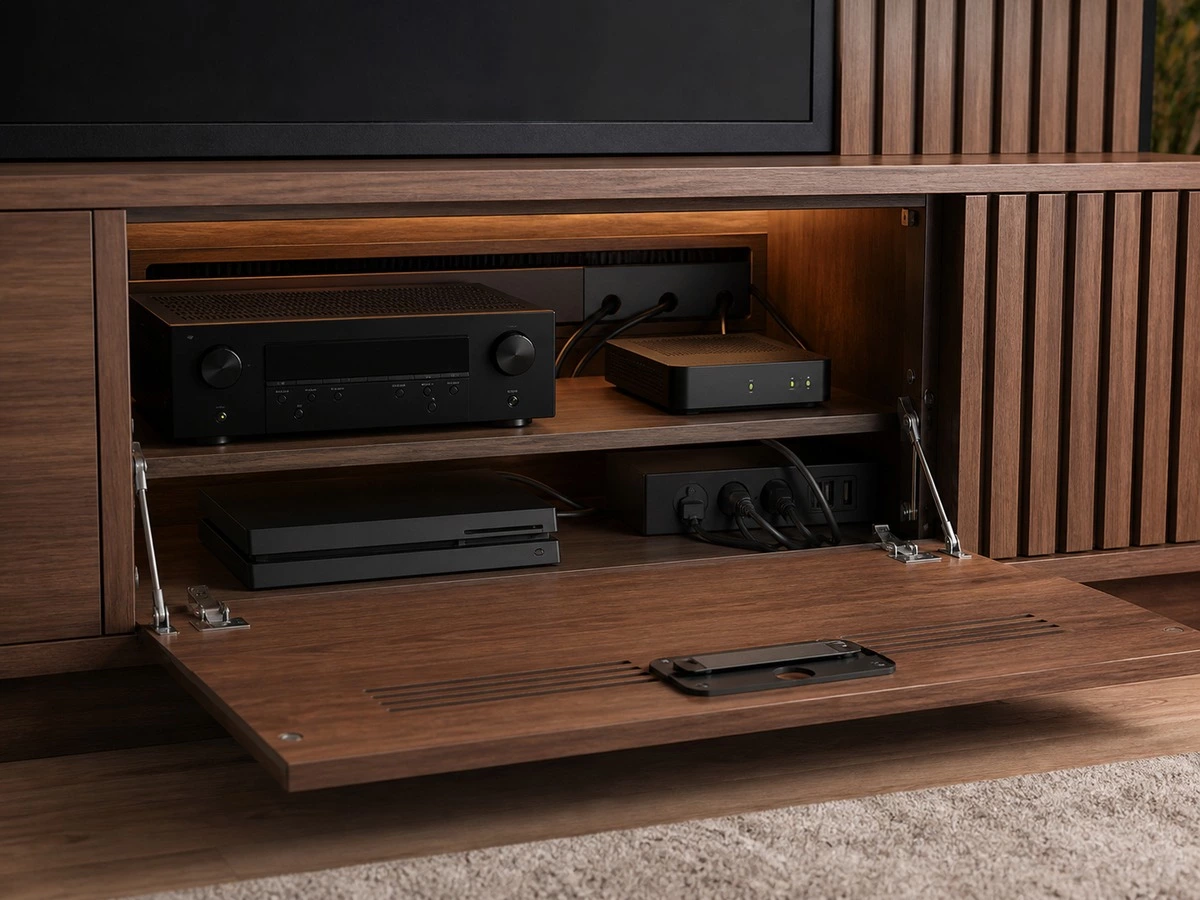 TV wall equipment niche with cable clearance plugs and ventilation space