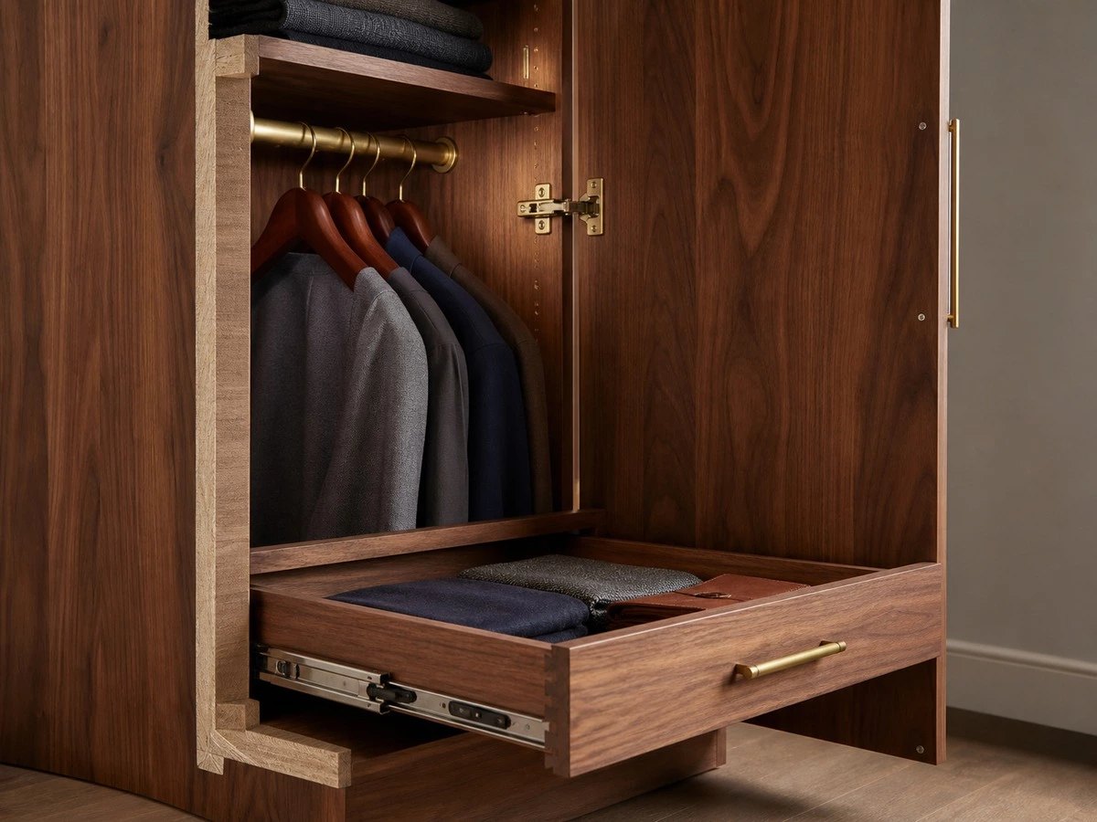 Wardrobe rod setback with hinged door swing and drawer clearance
