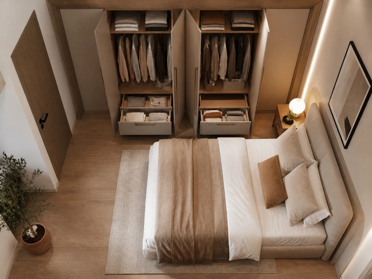 Bedroom wardrobe door swing and drawer clearance around bed layout