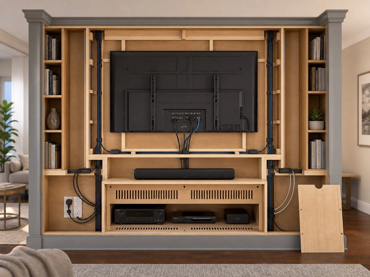 Built in bookcase cable management and TV service access planning
