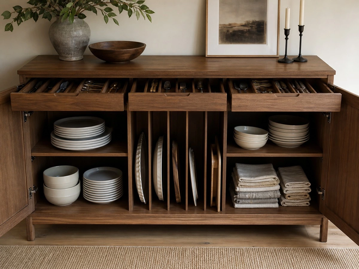 Built in sideboard tableware storage zones with drawers tray dividers and linens